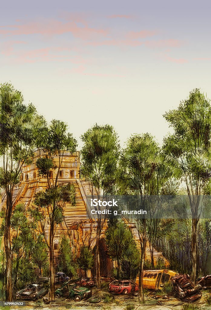 Post-apocalyptic Mesoamerican pyramid Junkyard at the foot of the ancient Mesoamerican pyramid. Post-apocalyptic fantasy illustration. 2015 stock illustration