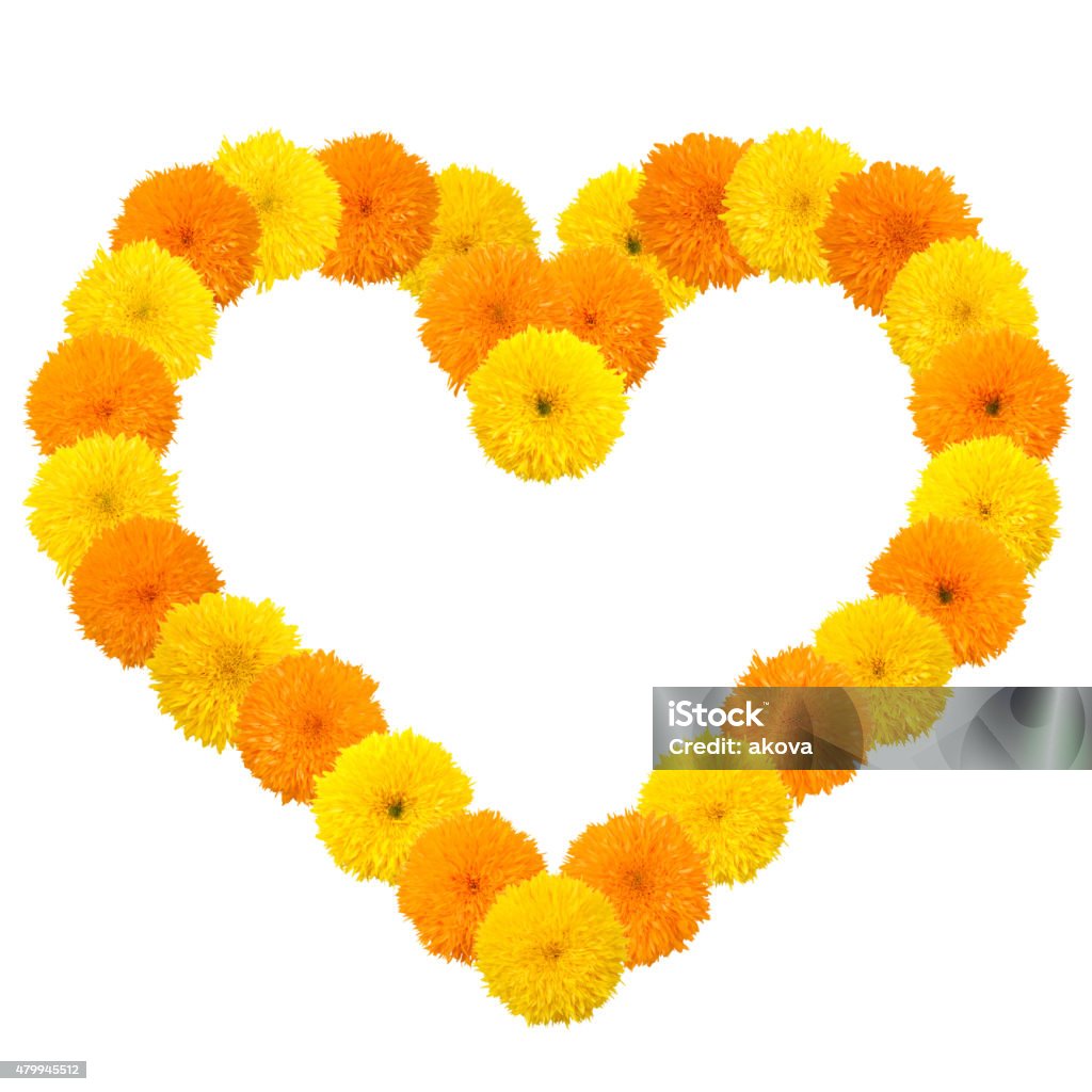 Yellow flowery heart on white Decorative sunflower heart frame isolated on white background 2015 Stock Photo