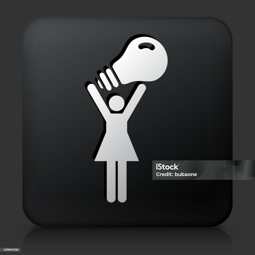 Botón negro cuadrado con mujer agarrando una bombilla - arte vectorial de 2015 libre de derechos