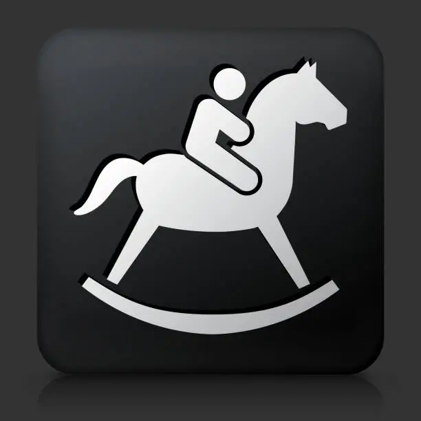 Vector illustration of Black Square Button with Child on a Toy Horse