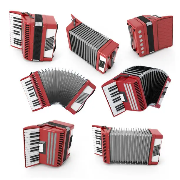 Set of accordion with different angles. Bayan isolated on white background. 3d illustration. Music instruments series.