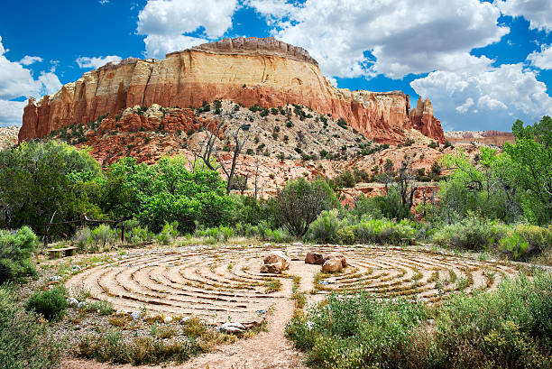 Labyrinth at Ghost Ranch Ghost Ranch is a 21,000-acre retreat and education center located close to the village of Abiquiú in Rio Arriba County in north central New Mexico, United States. santa fe new mexico stock pictures, royalty-free photos & images