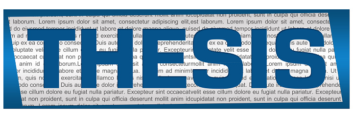 Thesis text written over white background with blue grey elements.