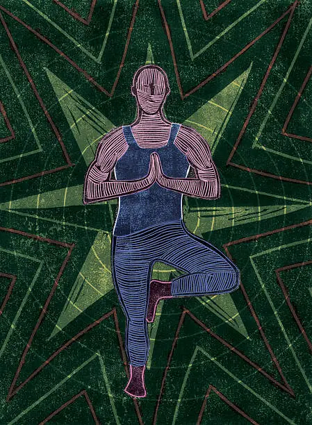 Person standing in the tree yoga pose with a star pattern behind them.