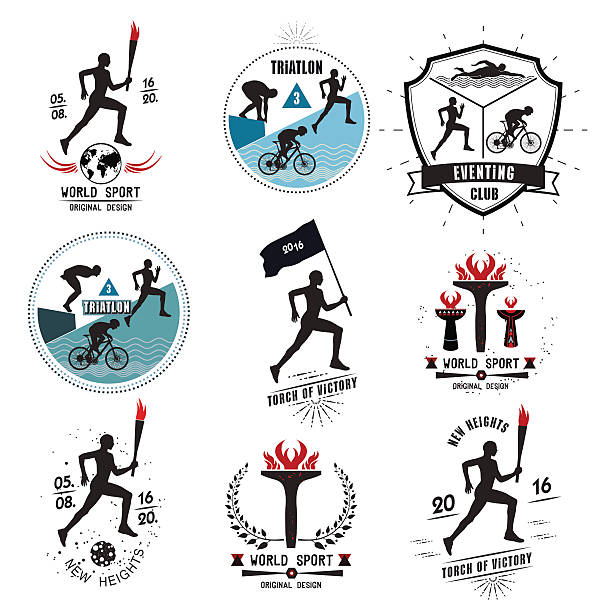 Set of Sports logos and emblems Set of Sports logos, emblems and design elements. The runner with the torch. Emblems and signs of the triathlon. sport torch stock illustrations
