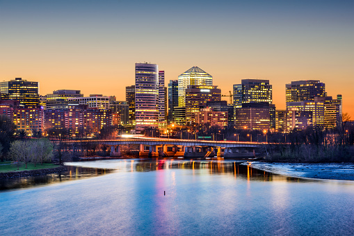 Rosslyn, Arlington, Virginia, USA skyline on the Potomac River.