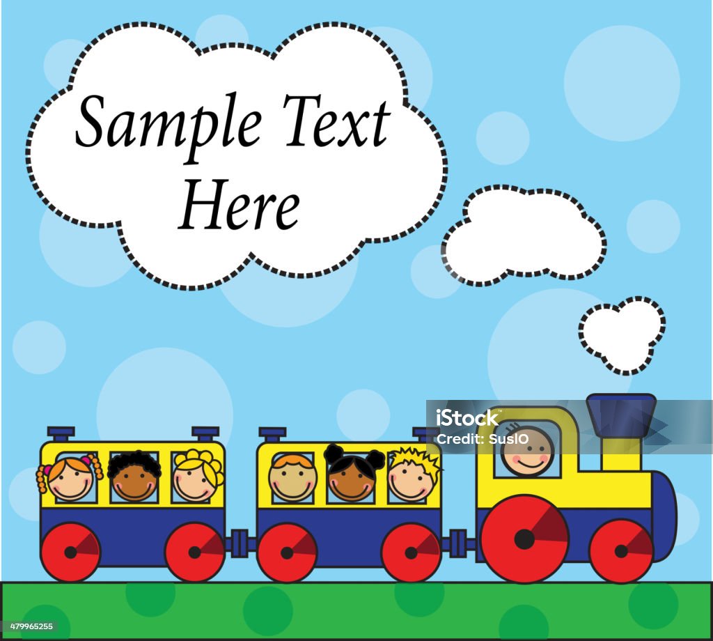 Cartoon locomotive and children traveling Cartoon background with locomotive and children traveling on a background of grass and sky. Cheerful stock vector