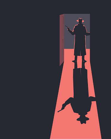 Armed man standing in a doorway. Silhouette. Retro style illustration.
