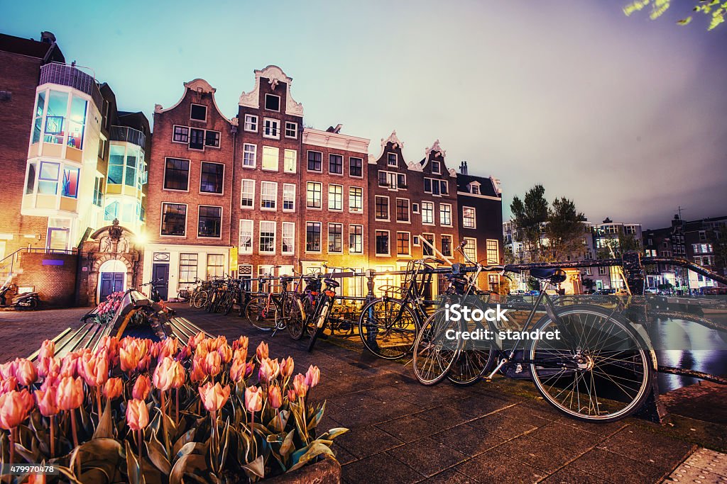 Beautiful calm night view of Amsterdam city. Amsterdam Stock Photo