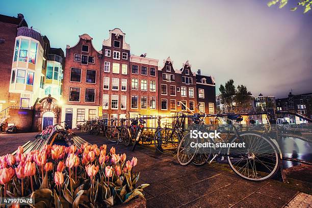 Beautiful Calm Night View Of Amsterdam City Stock Photo - Download Image Now - Amsterdam, Bicycle, 2015