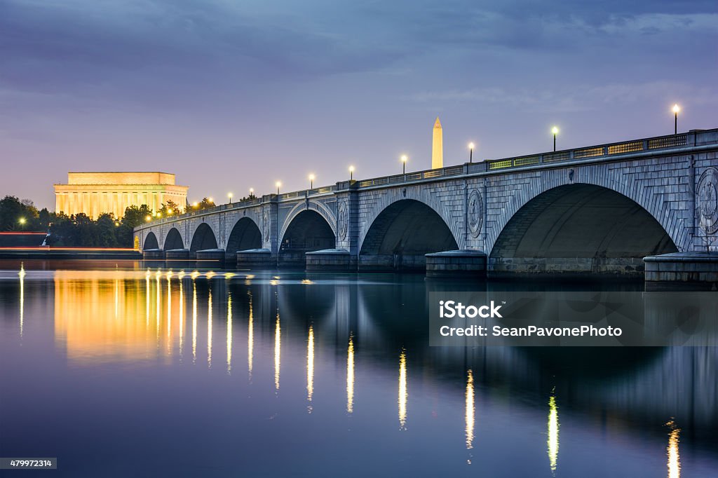 DC Skyline Washington DC, USA skyline on the Potomac River with Lincoln Memorial, Washington Monument, and Arlington Memorial Bridge. Washington DC Stock Photo