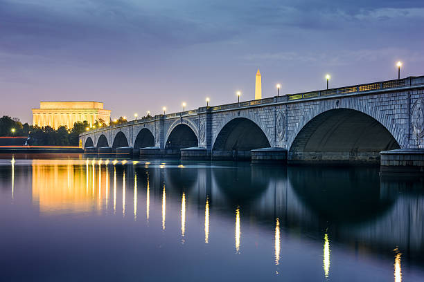 DC Skyline Washington DC, USA skyline on the Potomac River with Lincoln Memorial, Washington Monument, and Arlington Memorial Bridge. national monument stock pictures, royalty-free photos & images