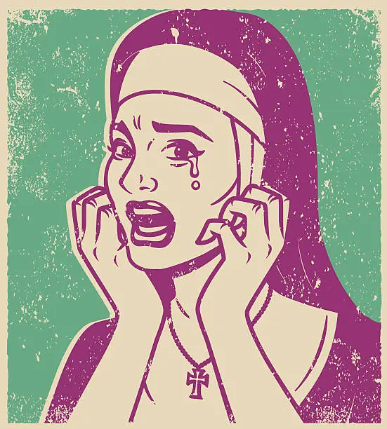 Vector illustration of Retro Screen Print of a Crying Nun