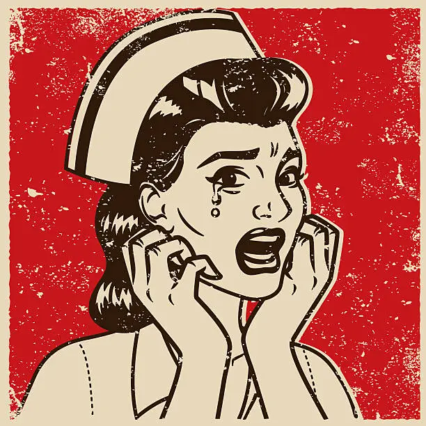 Vector illustration of Retro Screen Print of a Crying Nurse