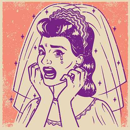 Retro Screen Print of a Crying Bride