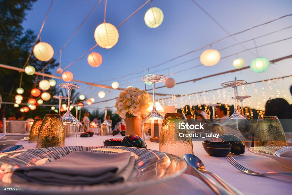 Table setting for an event party or wedding reception Table setting for an event party or wedding reception at the beach Event Stock Photo