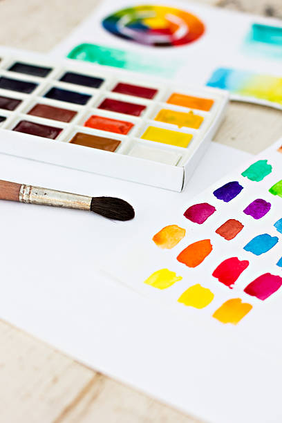 istock Workplace artist - paper, paint, brushes, color wheel 479978298