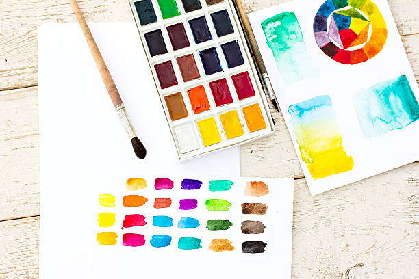 istock Workplace artist - paper, paint, brushes, color wheel 479978316