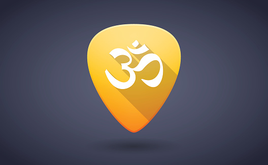 Illustration of a yellow guitar pick icon with an om sign