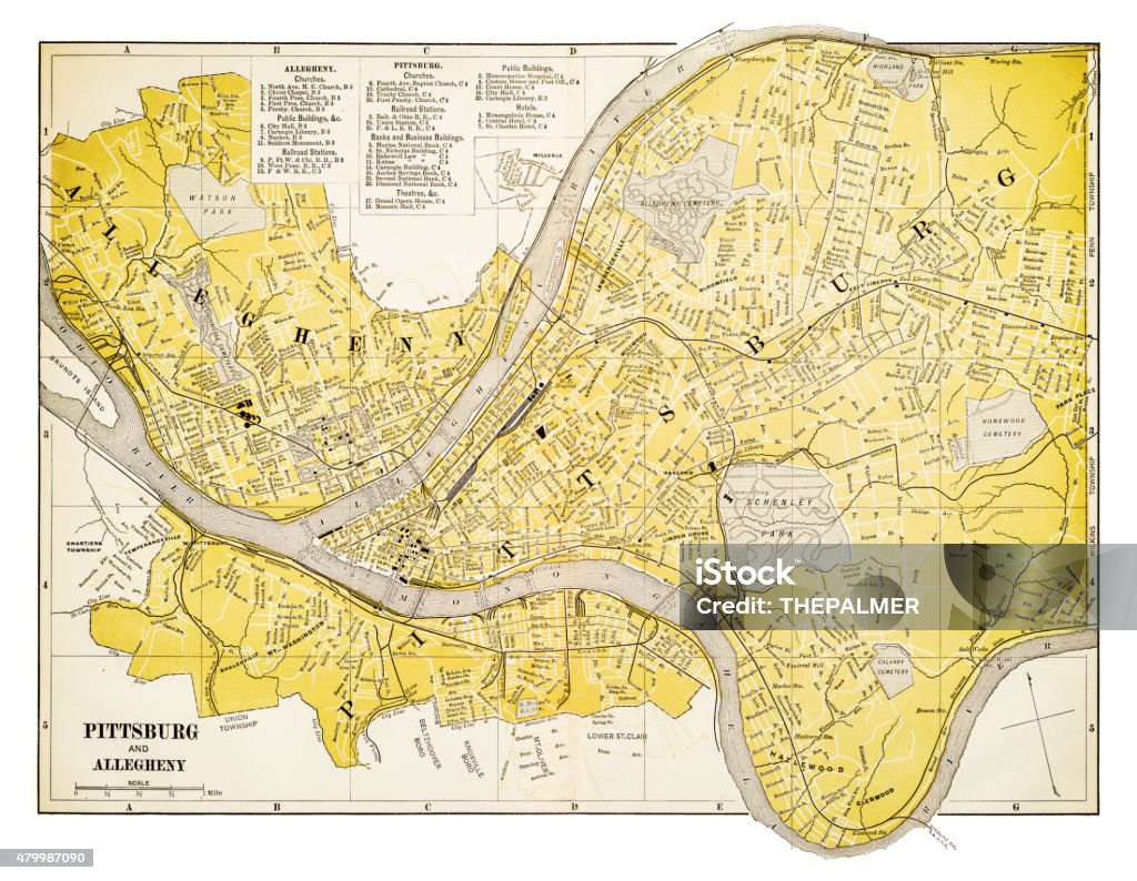 Map of Pittsburgh 1894 Map of the city of Pittsburgh, USA Pittsburgh stock illustration