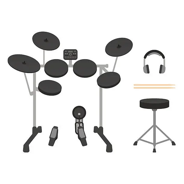 Vector illustration of Electronic Drums, Headphones, Drumsticks and Drum Throne
