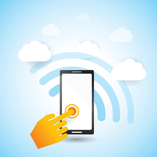ilustrações de stock, clip art, desenhos animados e ícones de dispositivo móvel comunicar com nuvem - technology mobile phone cloudscape cloud