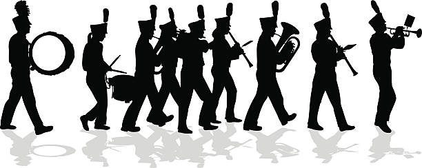 Marching Band Silhouette Full Lineup A vector silhouette illustration of a marching band performing wearing their uniforms. pics of a marching band stock illustrations
