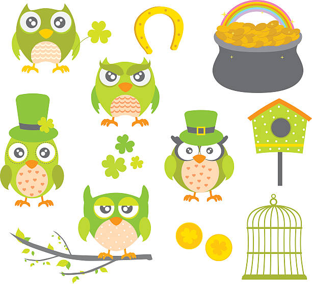 ilustrações de stock, clip art, desenhos animados e ícones de são patrick coruja - owl clover