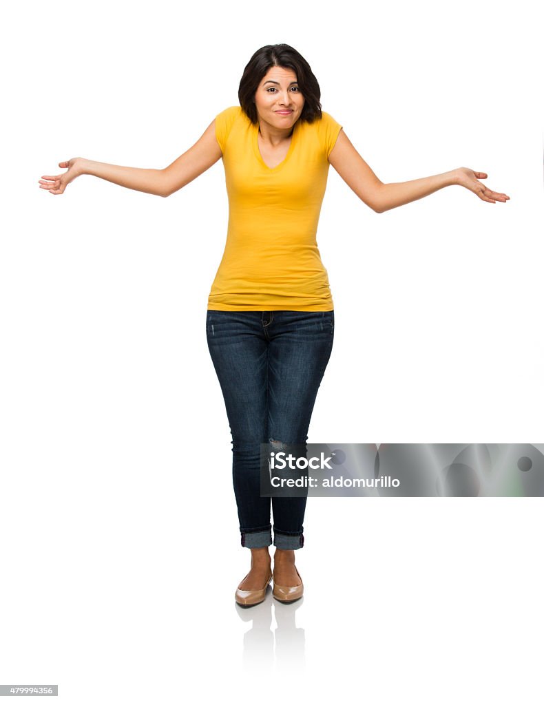 Portrait of woman with arms outstretched Portrait of a woman standing with her arms outstretched isolated over white background 2015 Stock Photo