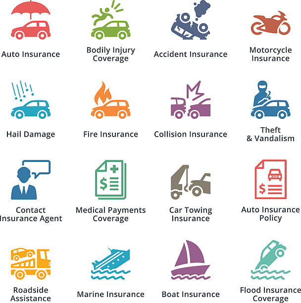 ilustrações de stock, clip art, desenhos animados e ícones de auto seguros ícones-série de cor - car insurance insurance agent damaged