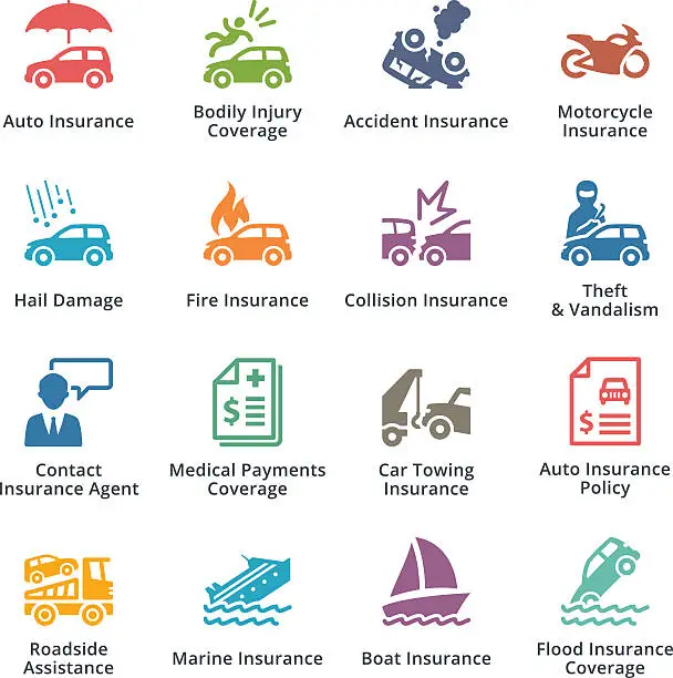 Vector illustration of Auto Insurance Icons - Colored Series