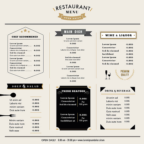 restaurant-menü-design-vorlage design vintage-stil - speisekarte stock-grafiken, -clipart, -cartoons und -symbole