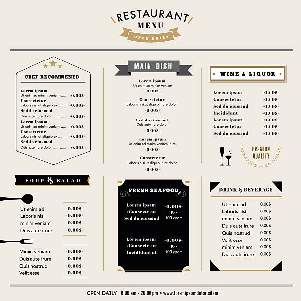 ilustrações de stock, clip art, desenhos animados e ícones de modelo de design do menu de restaurante em estilo vintage de disposição - retro revival bar restaurant sign