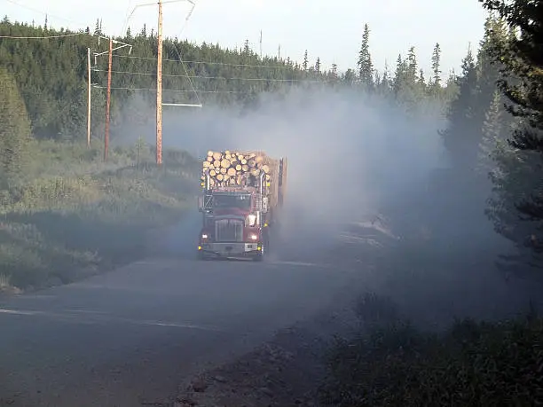 Logging truck driving down a forestry road, leaving thick dust plume behind.