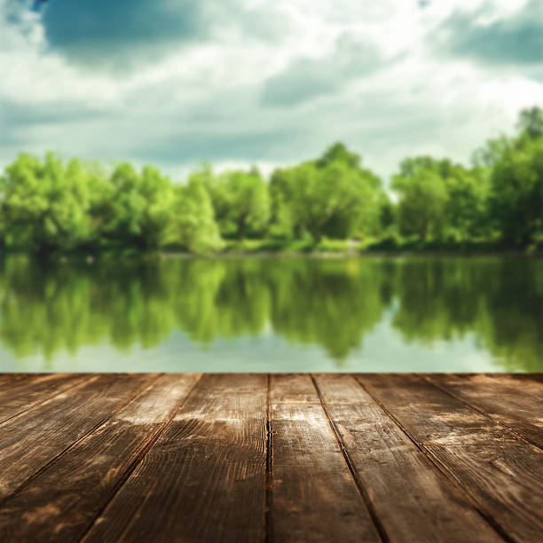 istock Old wooden planks and defocused forest landscape on background 480003144