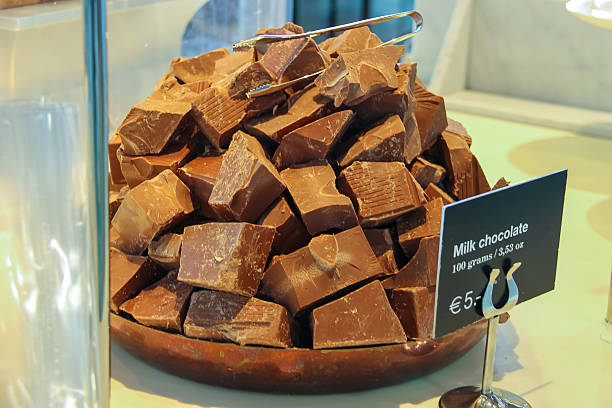 istock Chunks of milk chocolate on display cafes 480004258