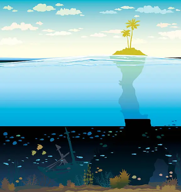 Vector illustration of Green island and underwater cave with coral reef.