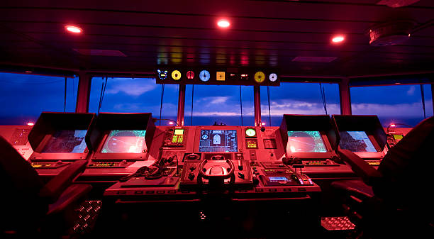 Wheelhouse in modern ship - Bridge This is the center of command of a ship navigational equipment photos stock pictures, royalty-free photos & images