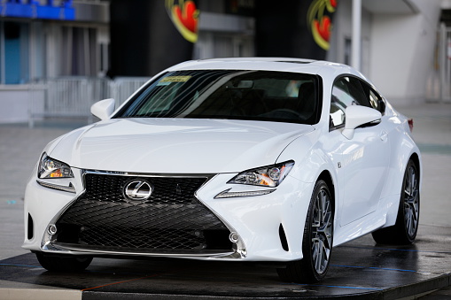 Miami, USA - July 1, 2015: Stock image of the 2015 Lexus RC 350 sports coupe in white. 