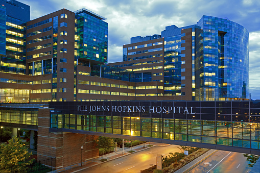 Baltimore, MD, USA - June 28, 2015: The Johns Hopkins Hospital at night from Orleans Street. 