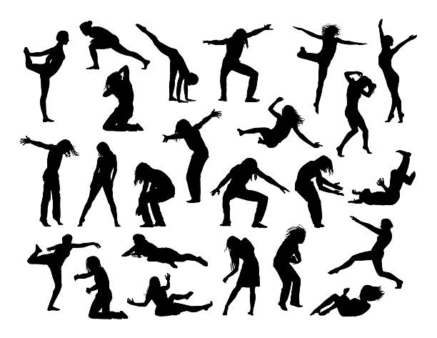 ilustraciones, imágenes clip art, dibujos animados e iconos de stock de gran conjunto de siluetas de personas en acción 1 - silhouette people dancing the human body
