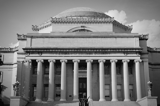 New York City, United States - Low Memorial Library at famous Columbia University in Upper Manhattan. Black and white tone - retro monochrome color style.