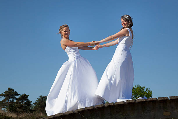 two brides on wooden bridge against blue sky background hold each other