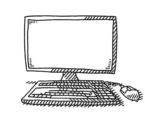 Vector illustration of Desktop Computer With Keyboard And Mouse Drawing