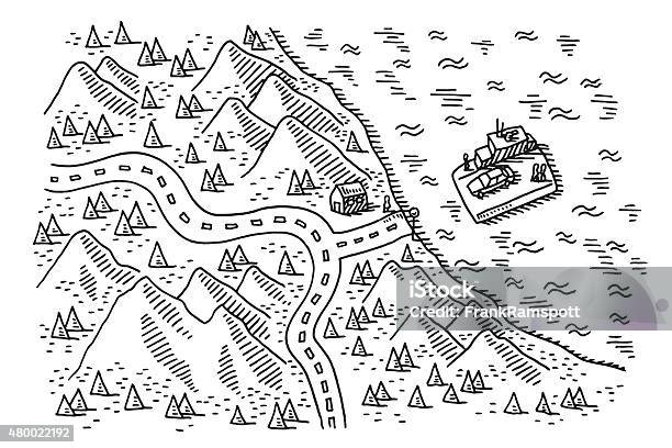 Map Coast Landscape Arrival Of Ferry Drawing Stock Illustration - Download Image Now - Map, Drawing - Art Product, Mountain