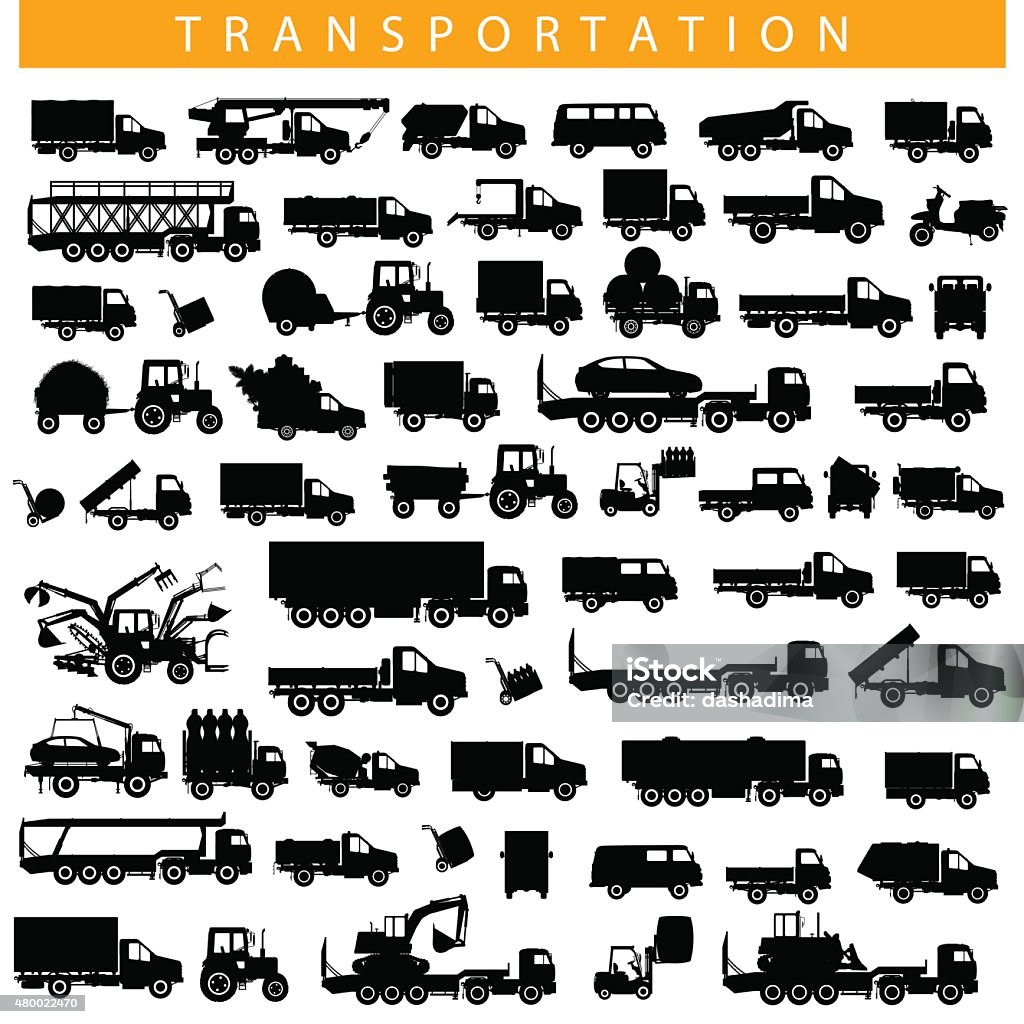 Vector Transportation Pictogram Vector black pictogram, including truck, trailer, cart and other transportation and delivery signs, isolated on white background In Silhouette stock vector