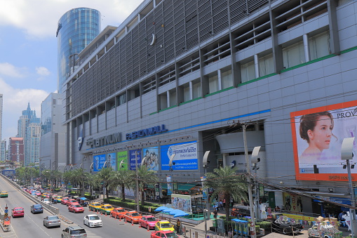 Bangkok Thailand - April 19, 2015: Taxis queue at famous Platinum shopping mall in Bangkok Thailand.