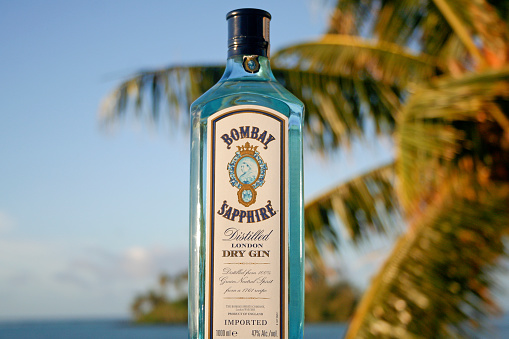 Rarotonga, Cook Islands - September 11, 2010: Bottle of Bombay Sapphire Gin on A White Background 