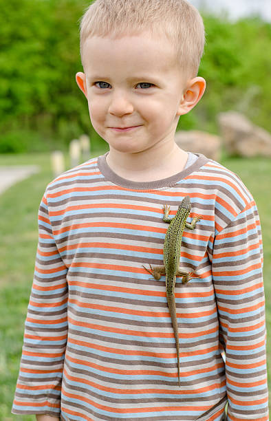 istock Cute little boy with a live lizard on his shirt 480034620