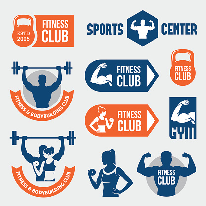 Set of blue and orange gym and fitness labels, signs and symbols with athletic man and woman silhouettes